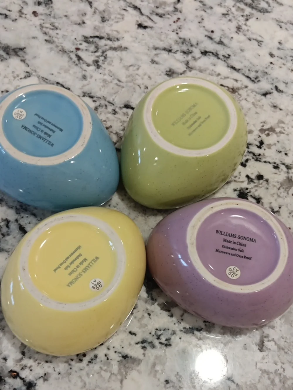 Williams Sonoma Speckled Egg Bowls - Set of 4 (Blue, Green, Yellow, Purple)
